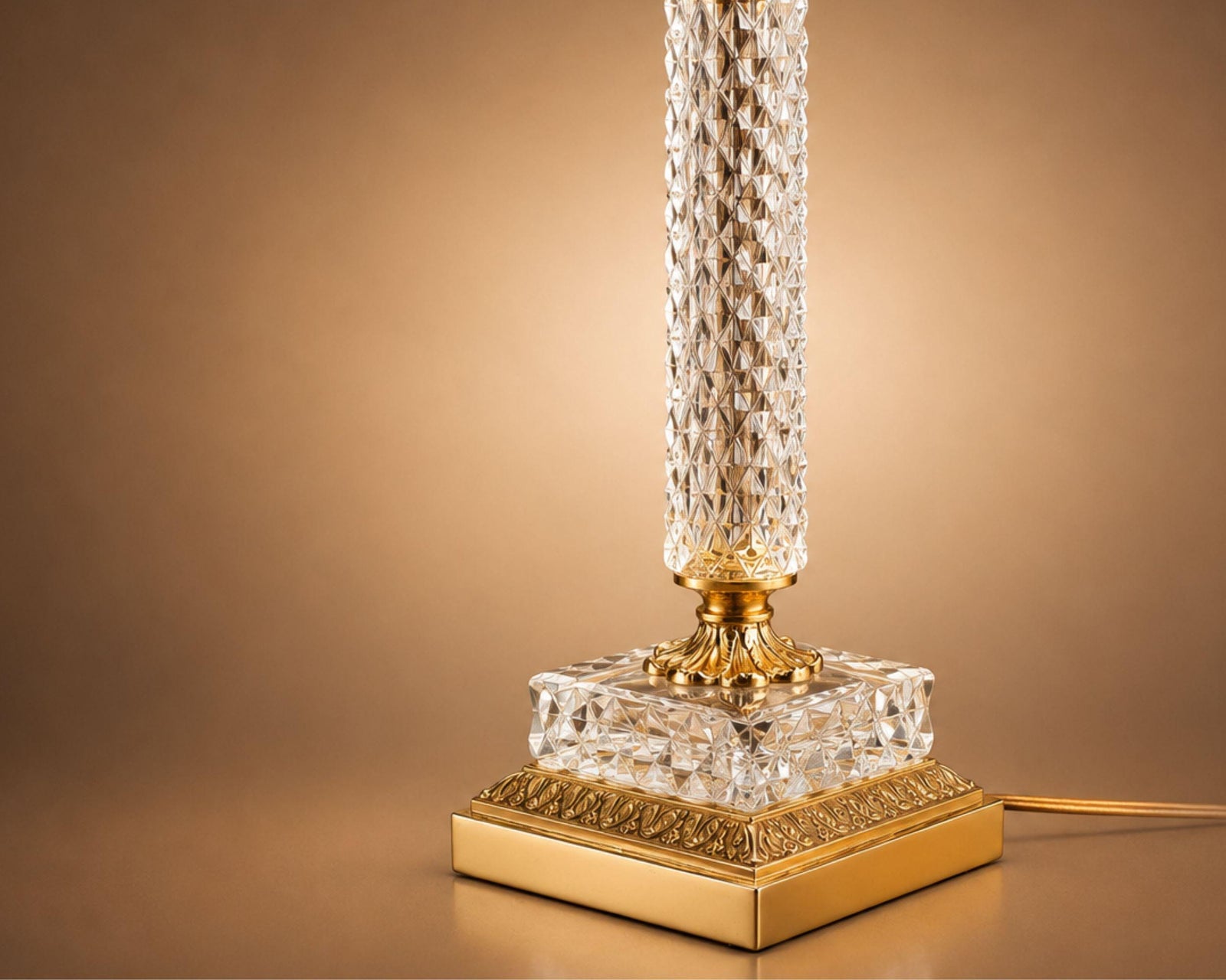 Hollywood Regency Style Cut Glass Table Lamp, Diamond-Cut Column with Brass Fittings