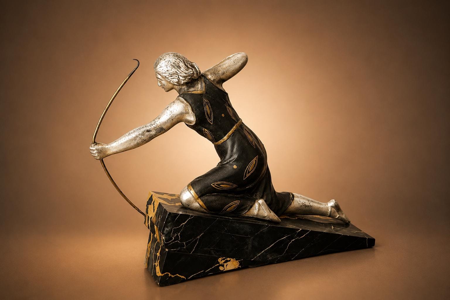 Art Deco Style Diana Huntress Figure, Silver-Tone on Marble Base — 1970s