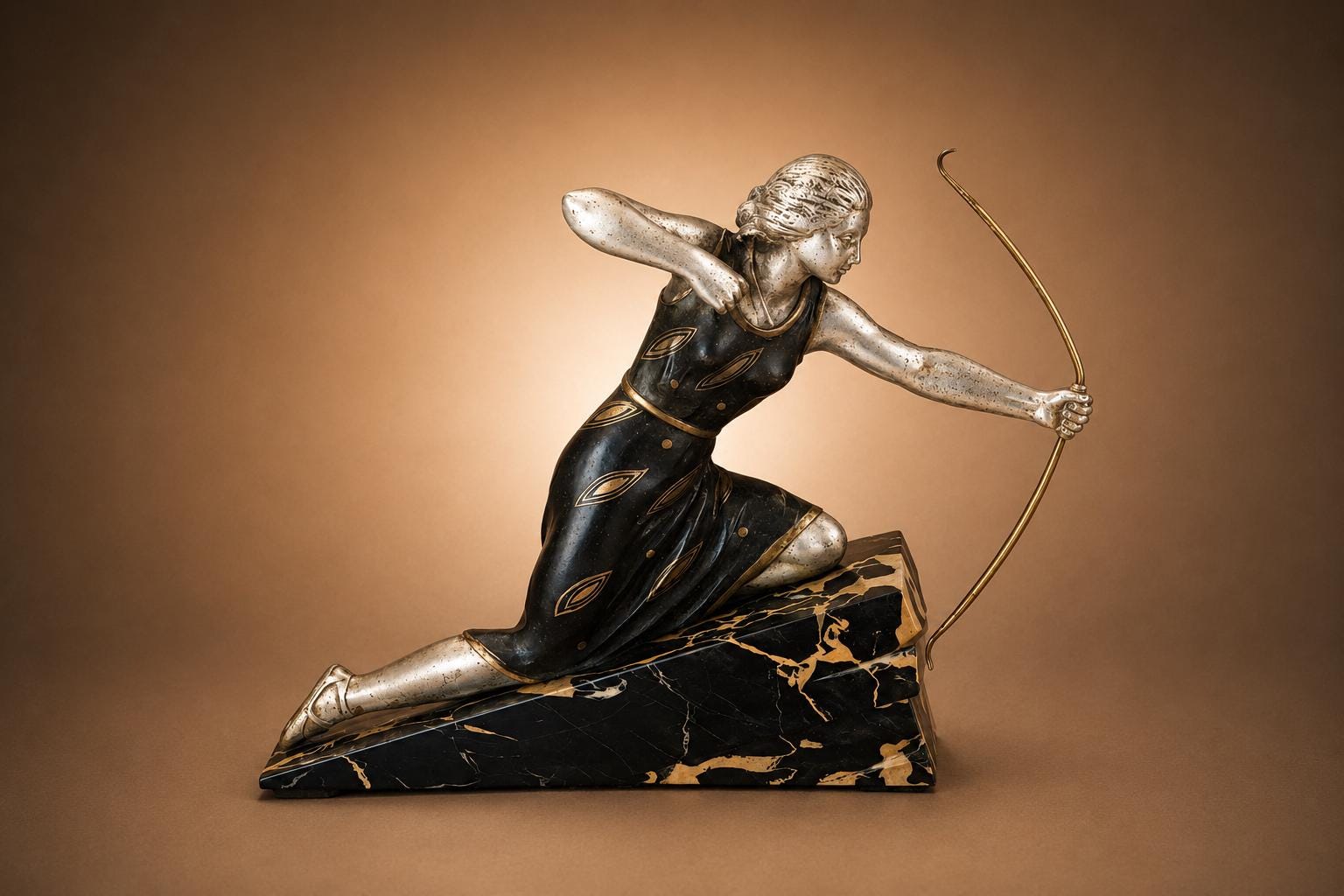 Art Deco Style Diana Huntress Figure, Silver-Tone on Marble Base — 1970s