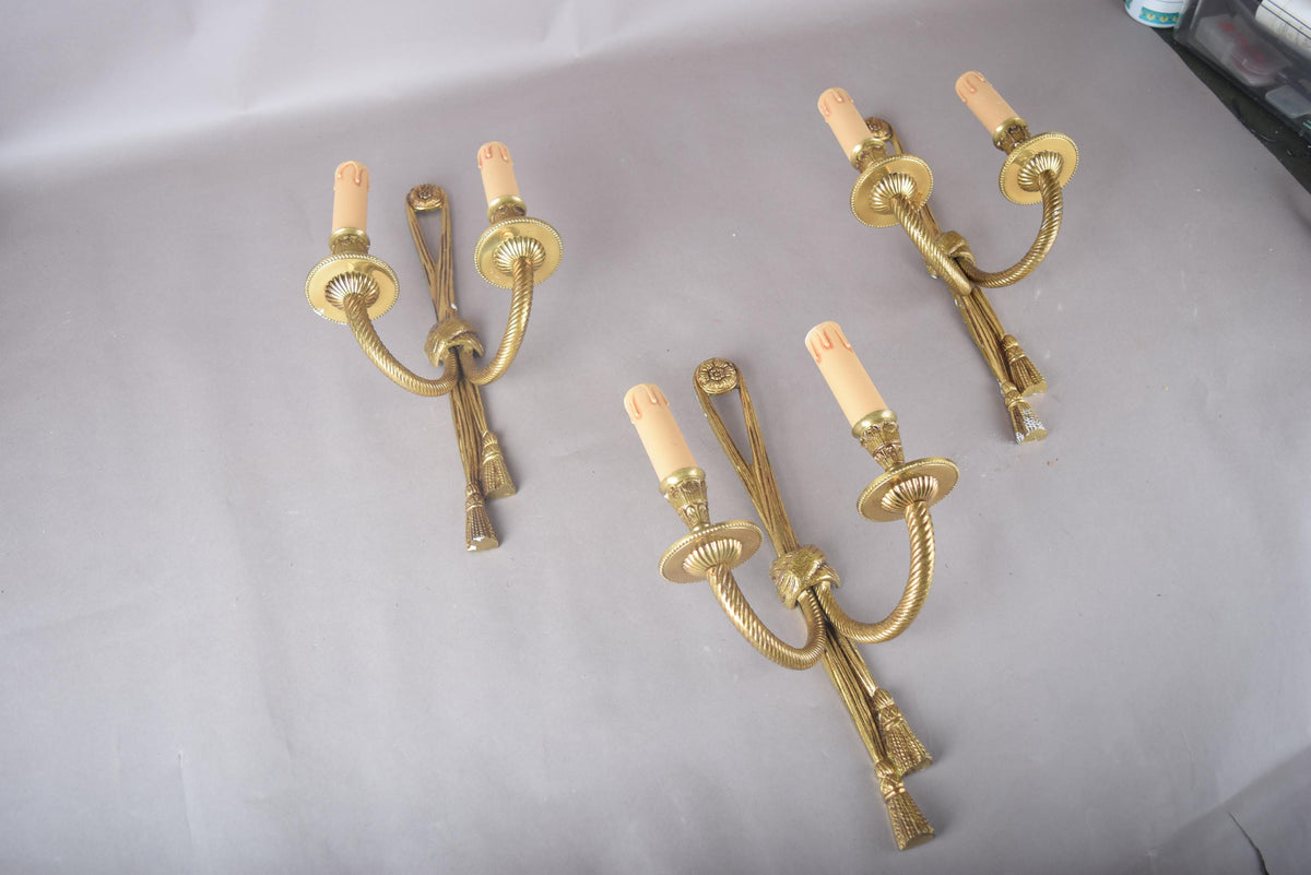 Vintage Brass Wall Sconces, Rope and Tassel Motif, Set of Three, Double Arm