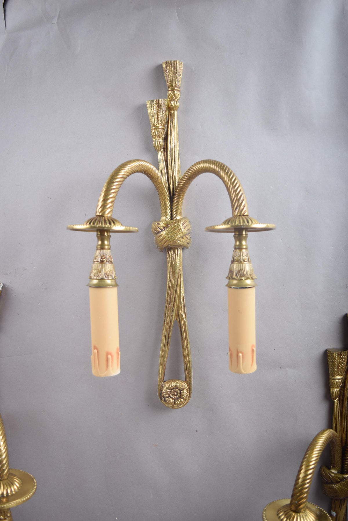 Vintage Brass Wall Sconces, Rope and Tassel Motif, Set of Three, Double Arm
