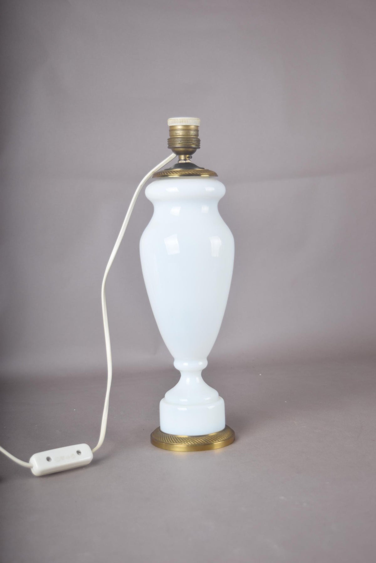 Vintage White Opaline Glass Table Lamp, Baluster Body and Brass Base, Pleated Shade Included