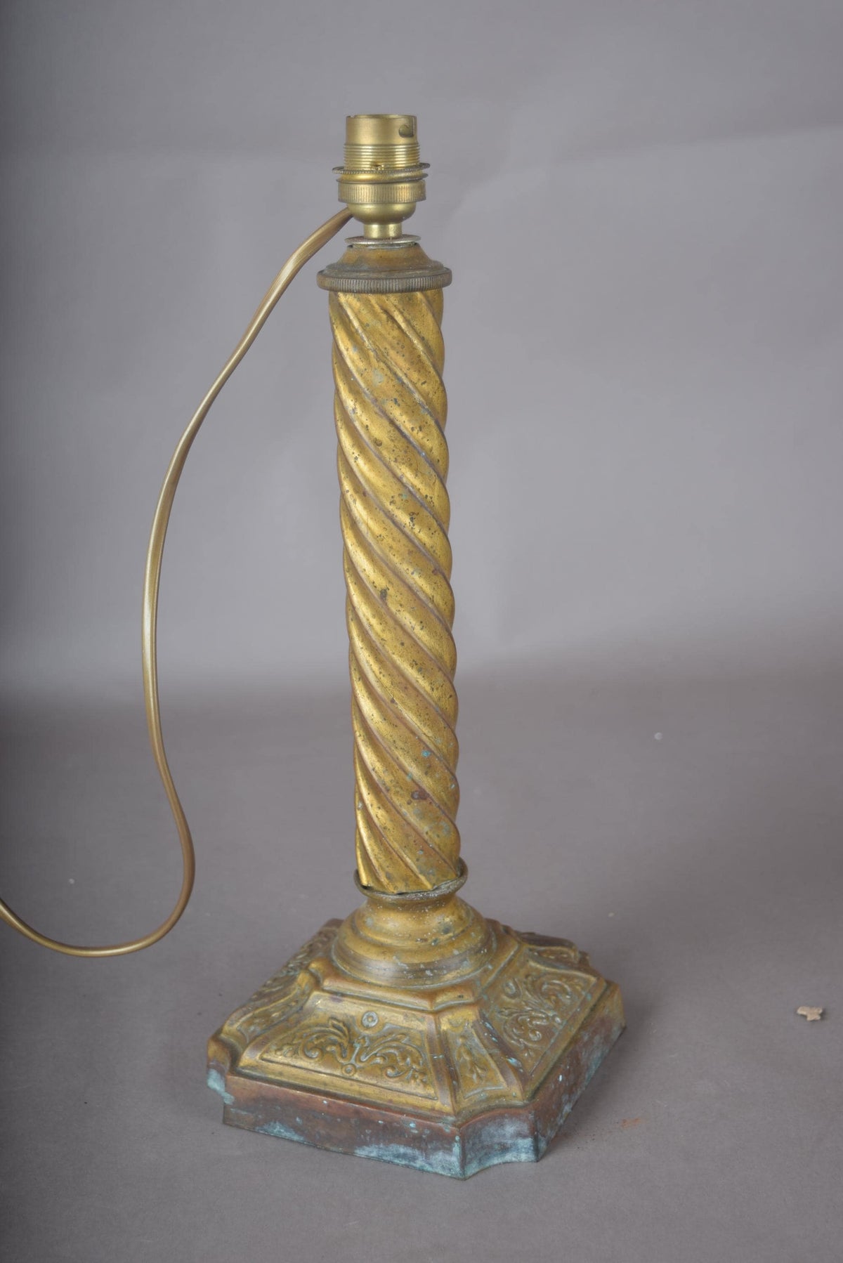 Antique Brass Table Lamp, Twisted Rope Column on Embossed Hexagonal Base, New Shade Included