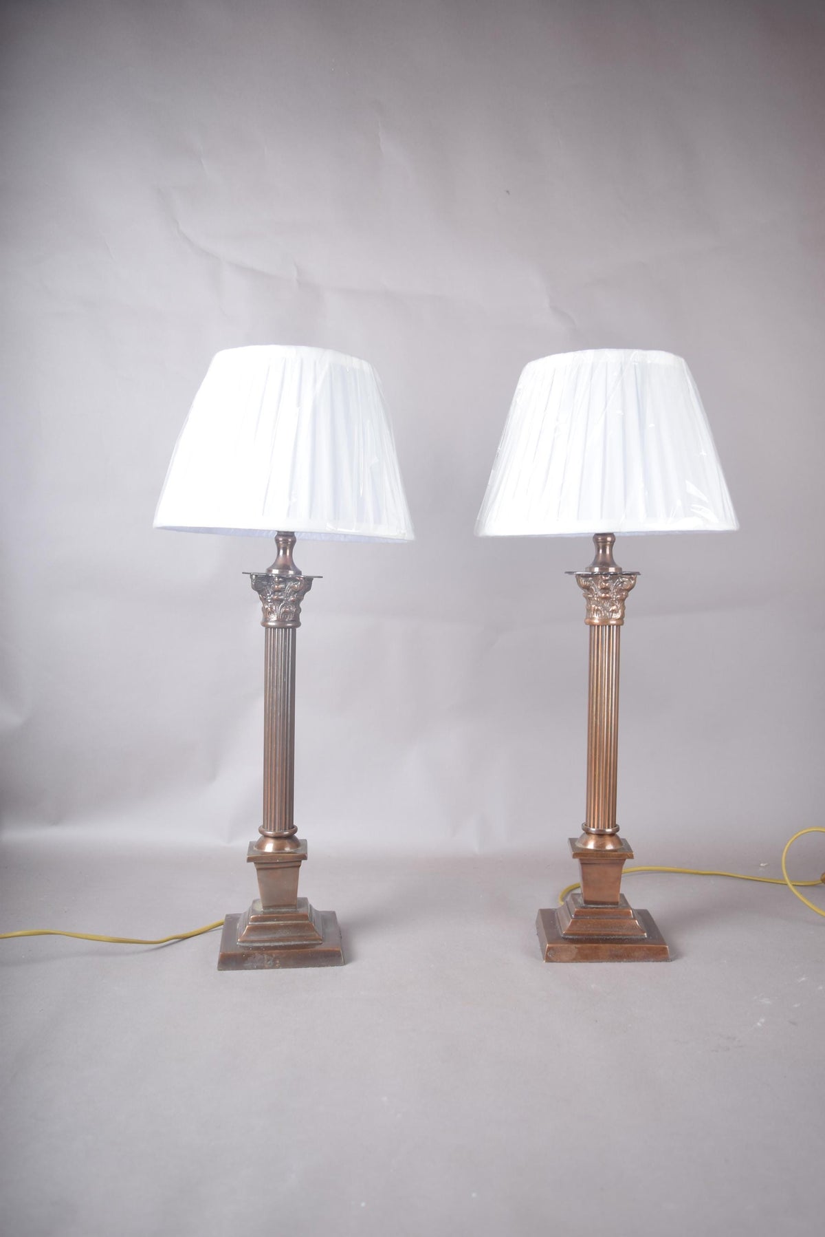 Pair of Antique Brass Corinthian Column Table Lamps, Fluted Column Lamps with New Pleated Shades
