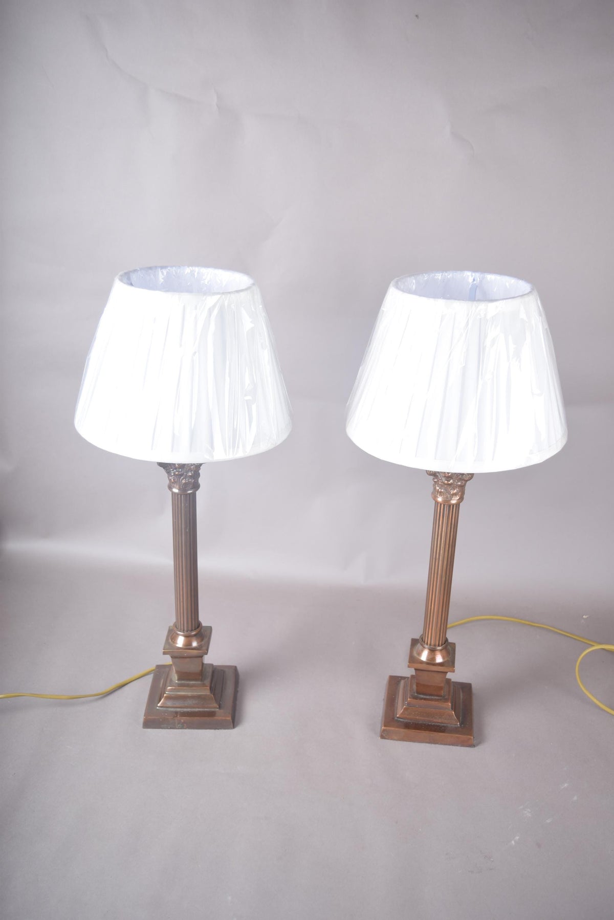 Pair of Antique Brass Corinthian Column Table Lamps, Fluted Column Lamps with New Pleated Shades