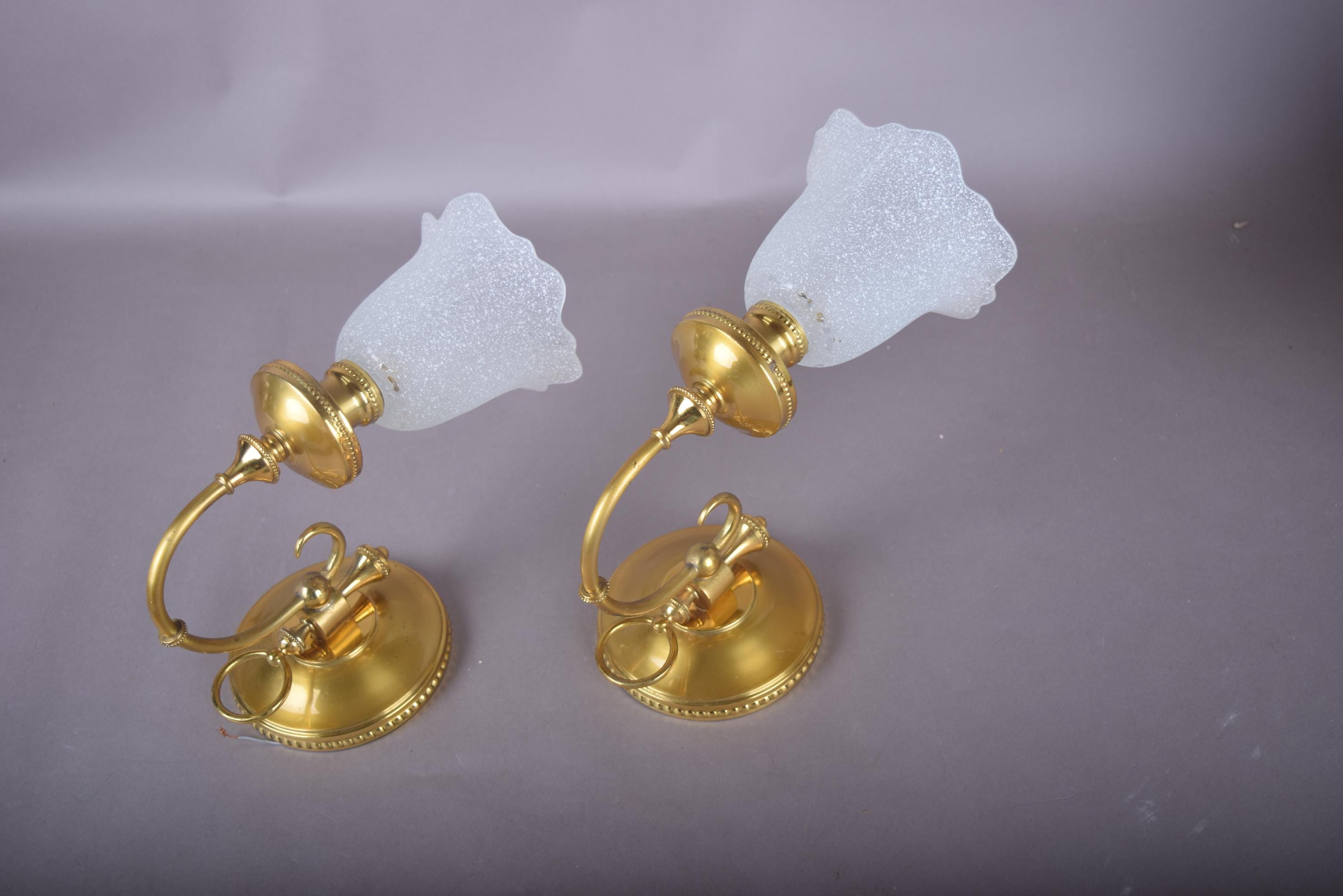 Vintage Brass Wall Sconces, Frosted Textured Tulip Glass Shades, Pair