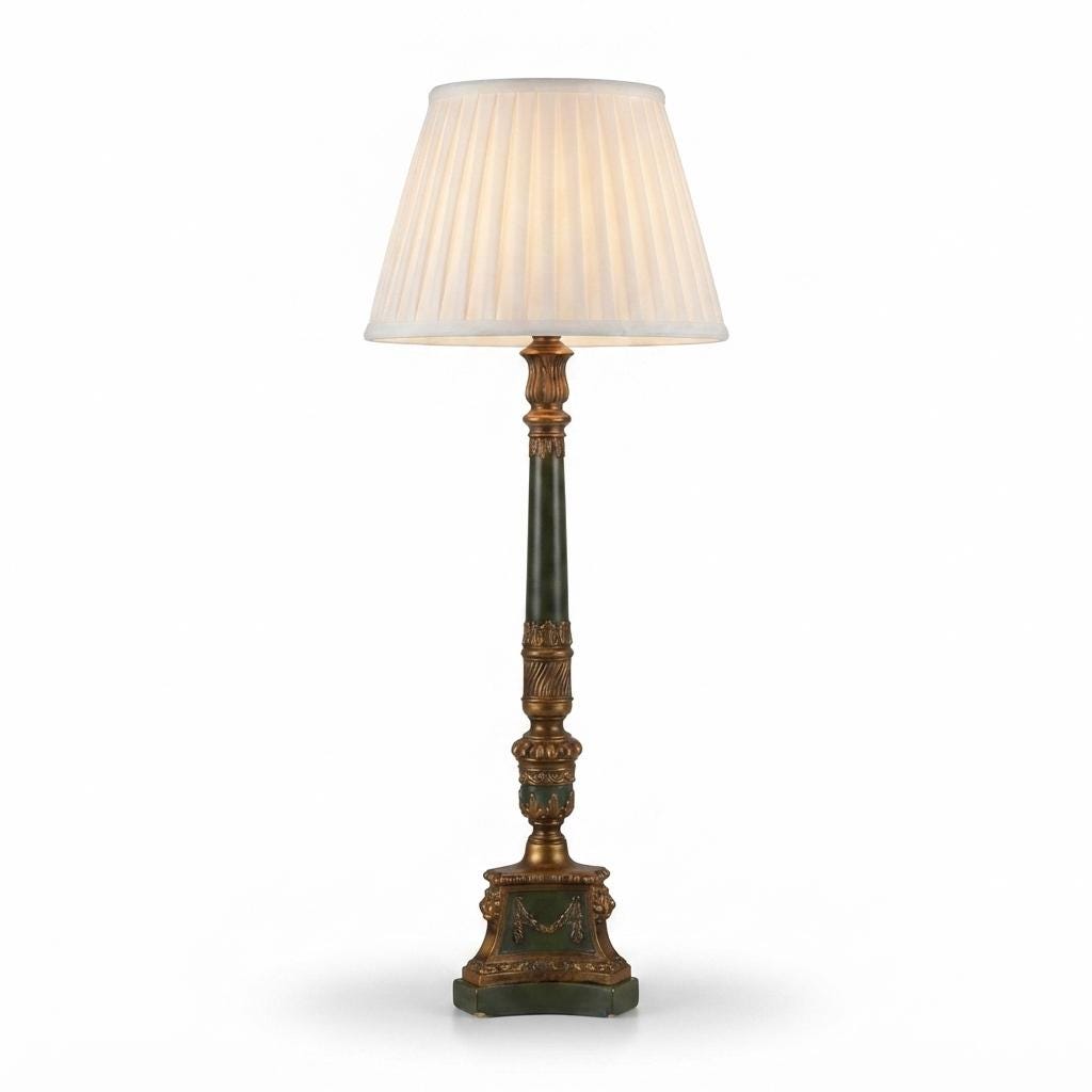 Vintage Brass-Toned Table Lamp, Louis XVI Style, Green Column with Pleated Shade, 1950s