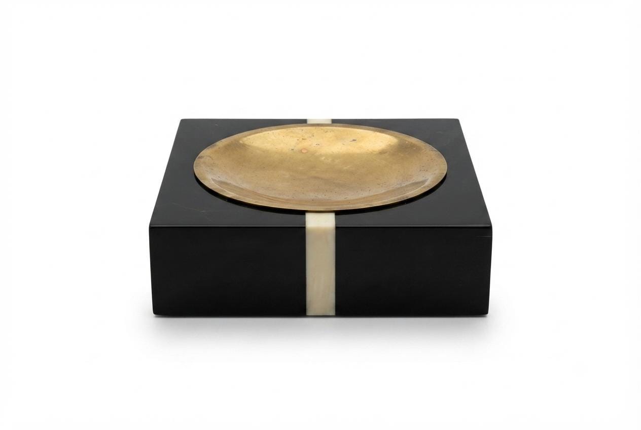 Vintage Black Stone and Brass Catchall Tray, Ashtray or Bookend, Cream Inlay Accent
