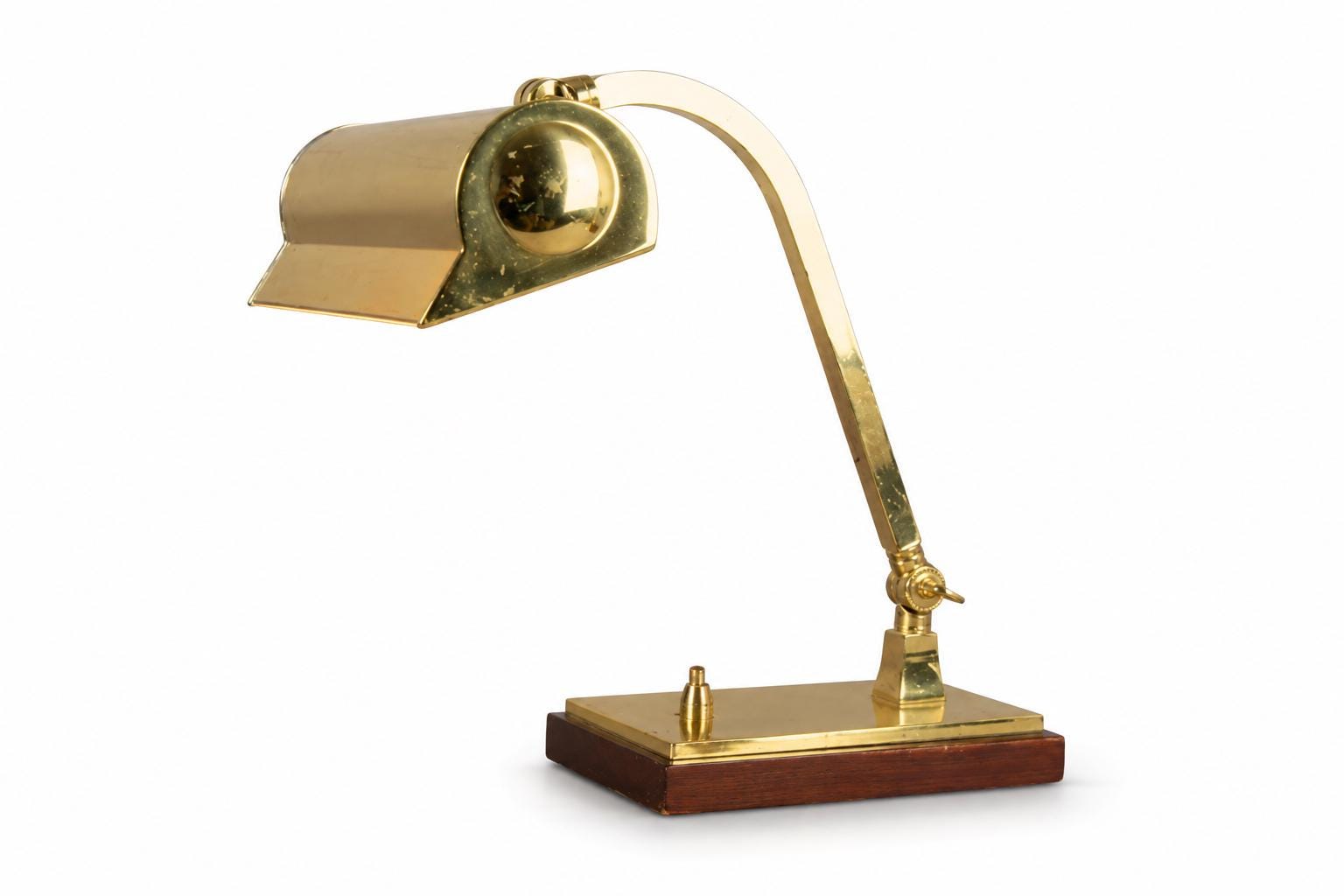 Vintage Brass Banker's Desk Lamp, Adjustable Arm, Wood Base, 1950s