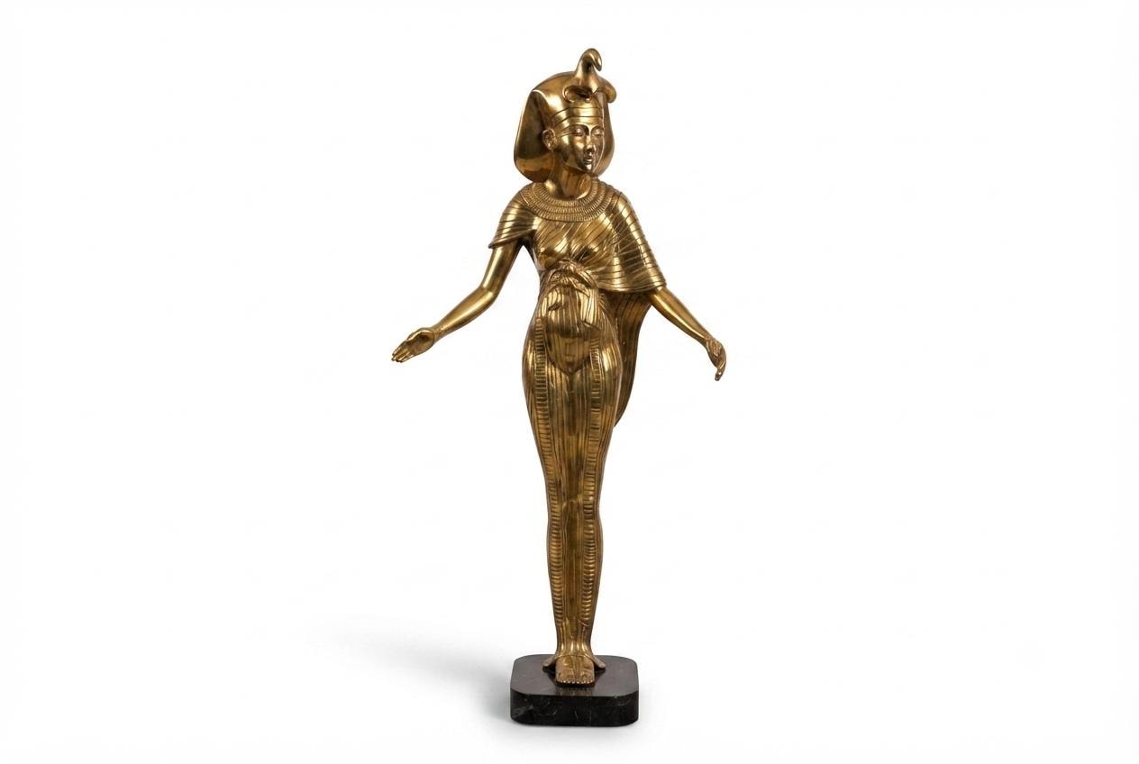 Vintage Brass Egyptian Revival Statue of Selket, Scorpion Goddess, Black Marble Base, Floor Sculpture, 1950s