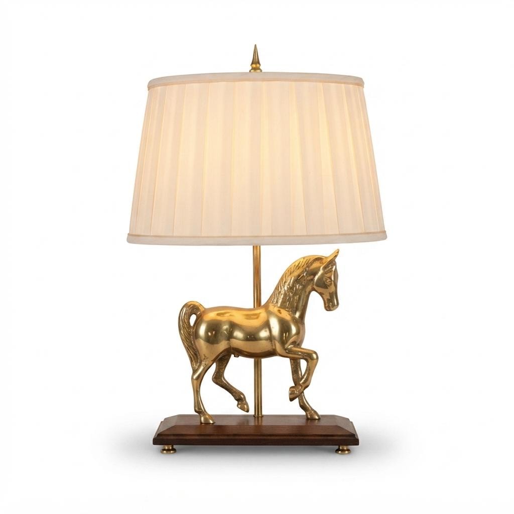 Vintage Brass Horse Table Lamp, Wooden Base, Pleated Shade, Equestrian Style, 1980s