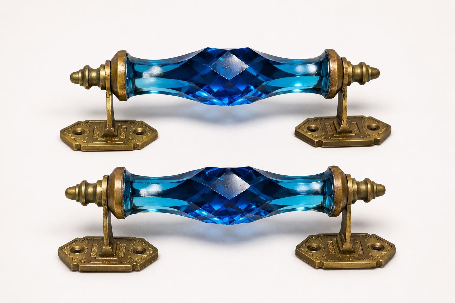 Vintage Cobalt Blue Cut Glass Door Pull, Faceted Glass Handle with Brass Hardware, Pair