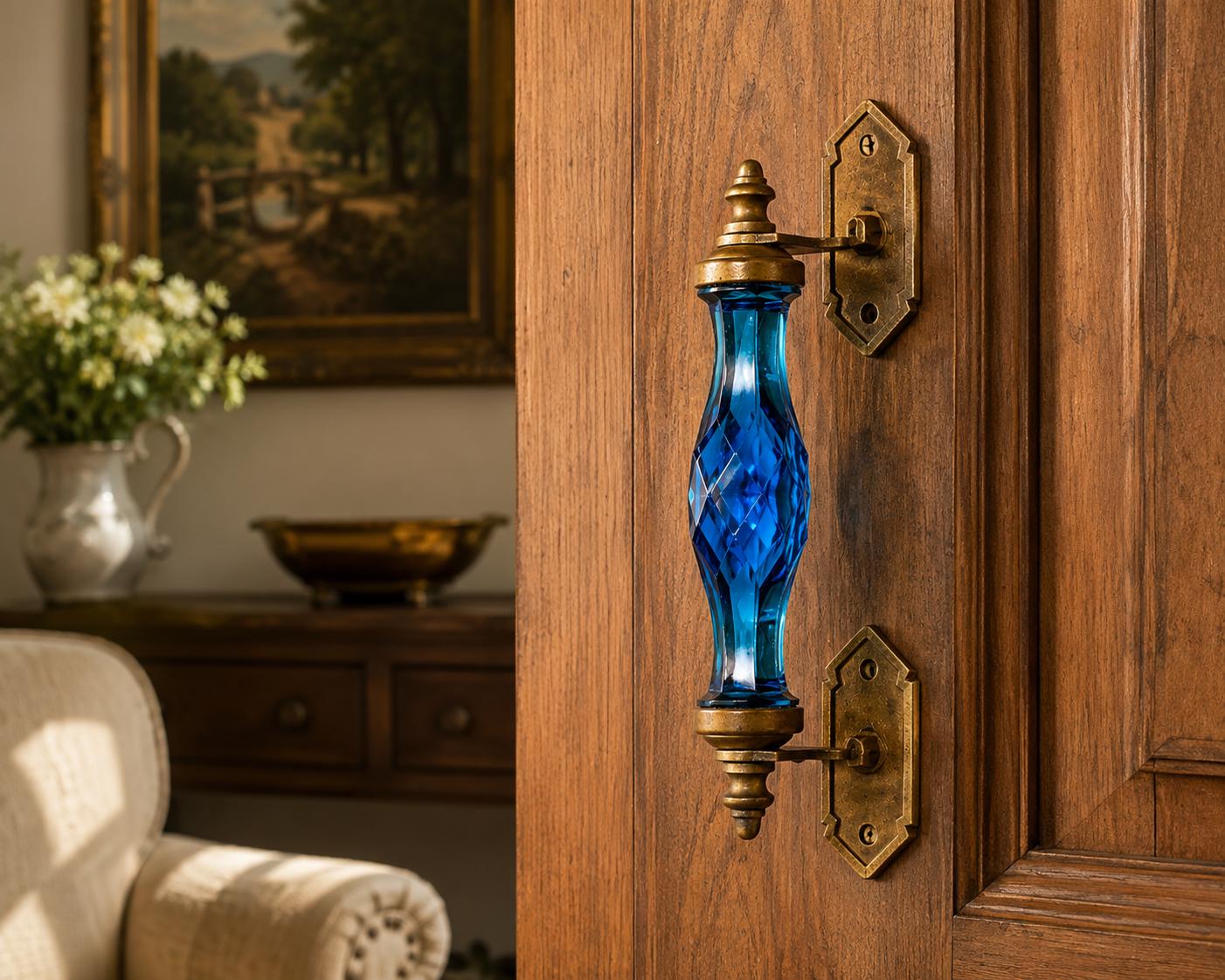 Vintage Cobalt Blue Cut Glass Door Pull, Faceted Glass Handle with Brass Hardware, Pair