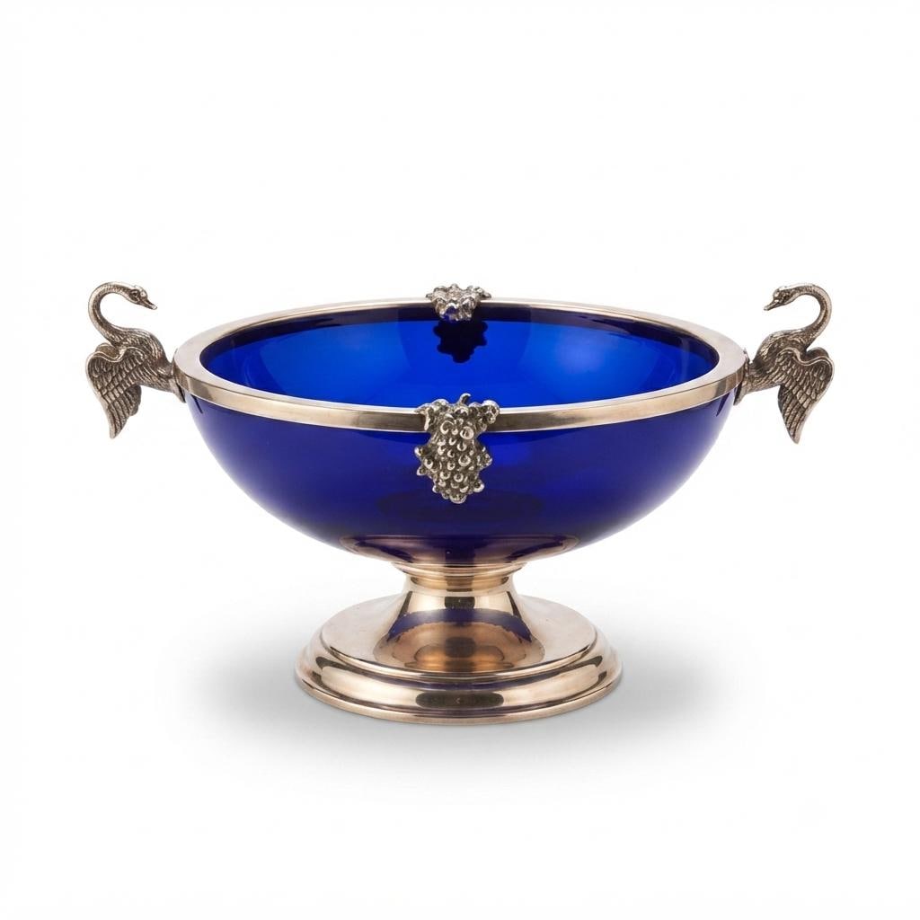 Vintage Cobalt Blue Glass Bowl, Silver-Plated Swan Handles, Grape Motif, Pedestal Base