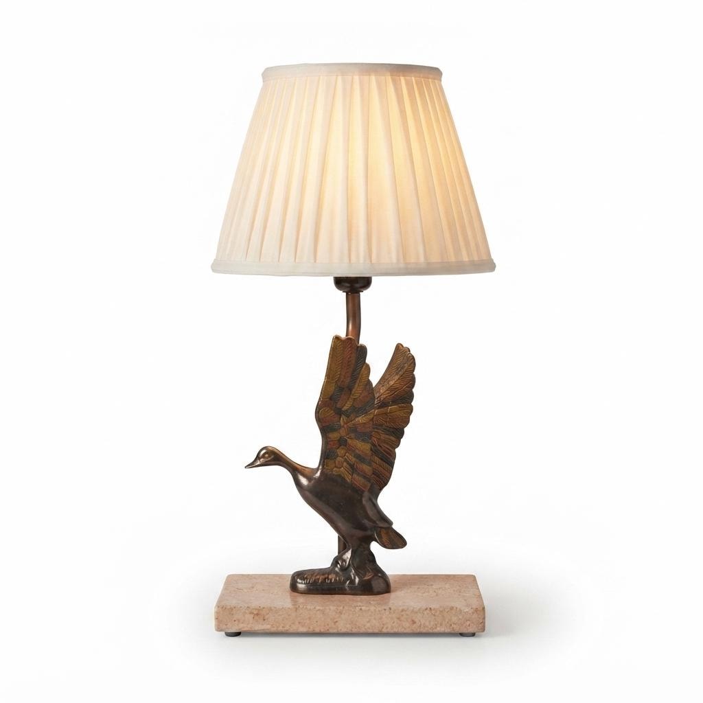Vintage Duck Desk Lamp, Sculpted Bronze-Toned Metal Bird, Travertine Base, 1970s