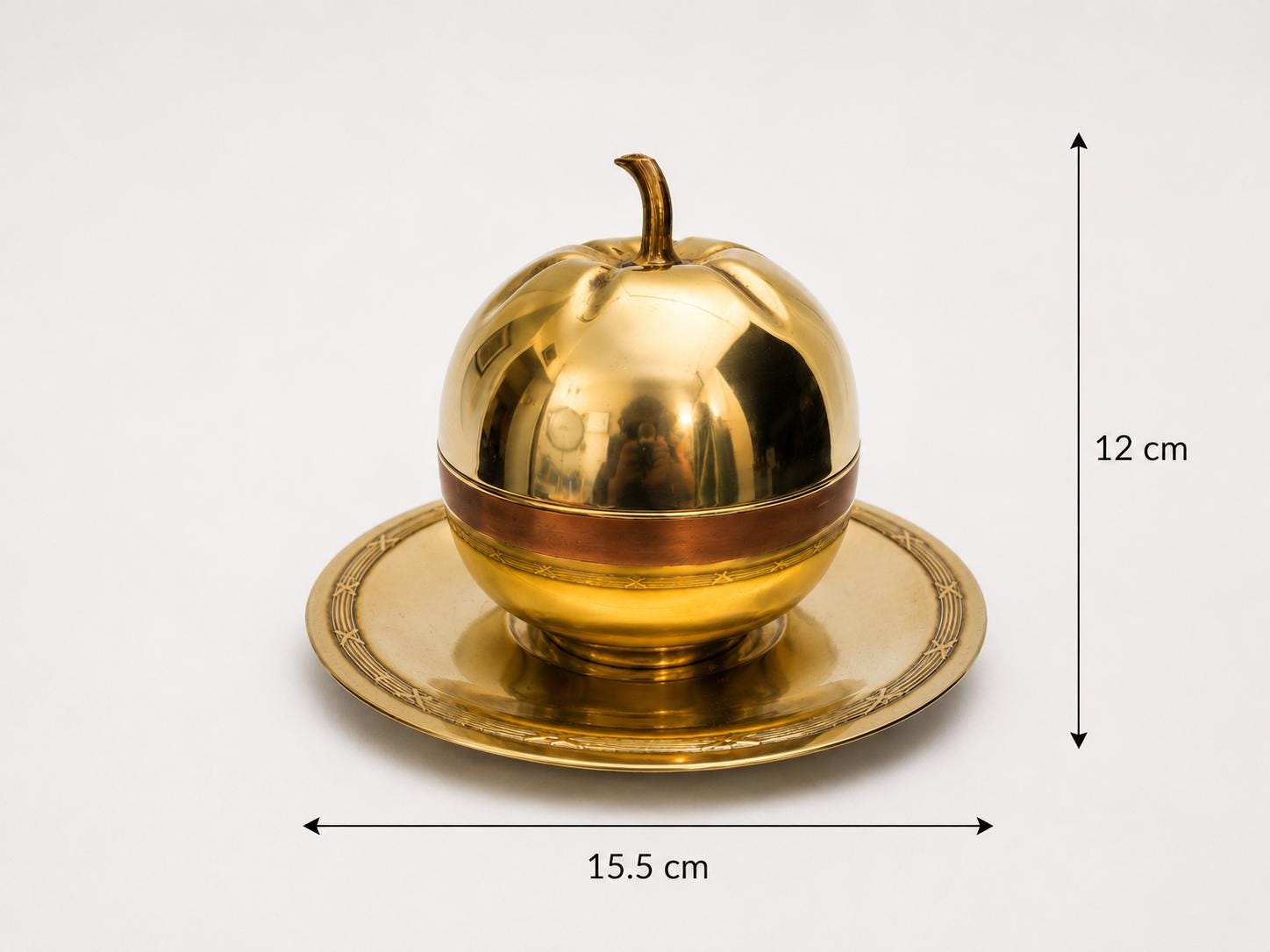 Vintage Brass Apple Trinket Box on Pedestal Dish, Hollywood Regency, 1950s