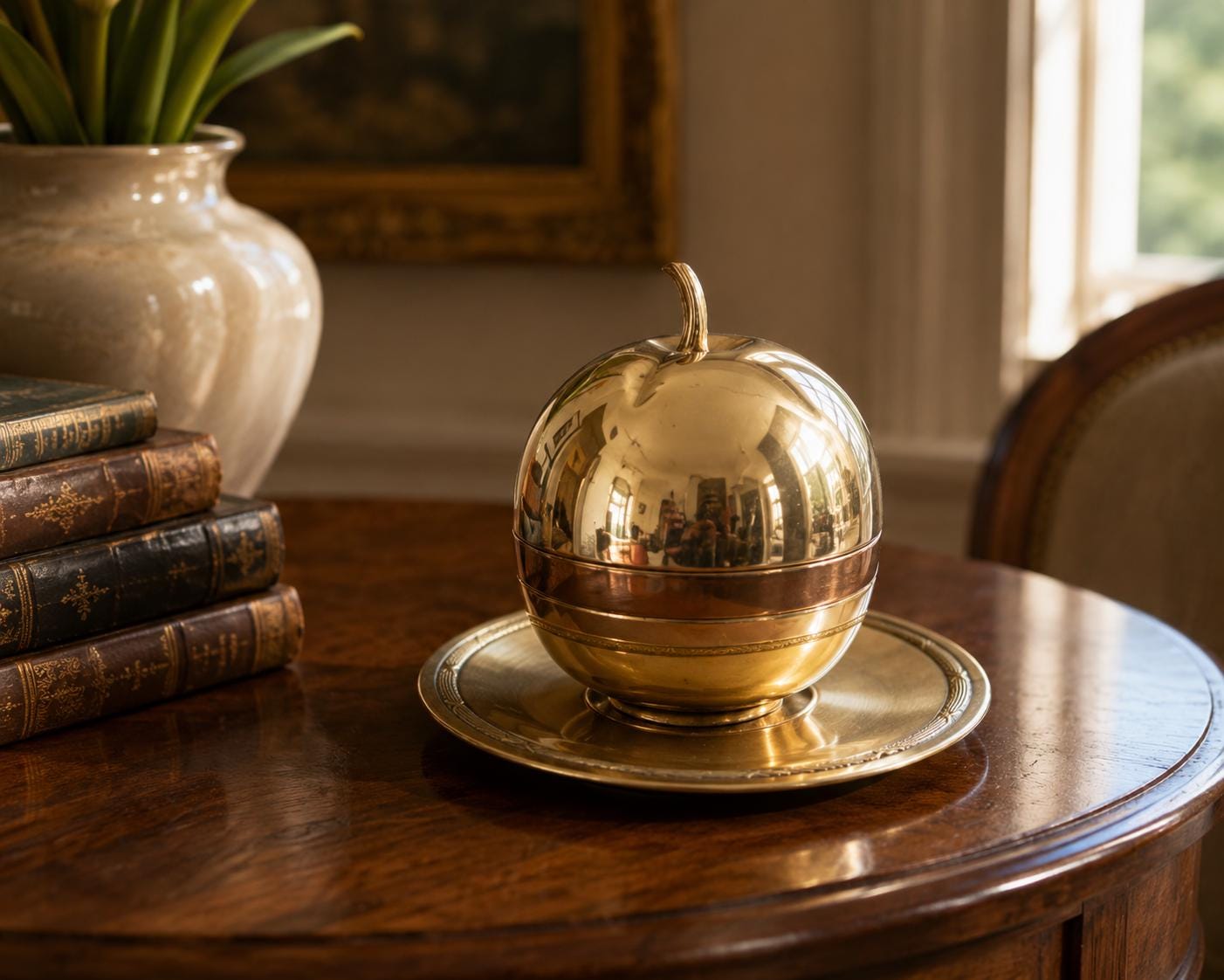 Vintage Brass Apple Trinket Box on Pedestal Dish, Hollywood Regency, 1950s