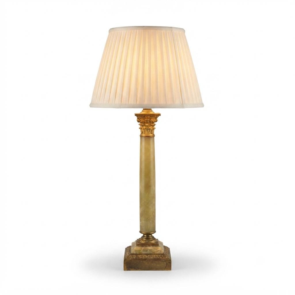 Vintage 1930s Green Onyx Column Table Lamp – Gold-Plated Corinthian Capital, Neoclassical Statement Lighting