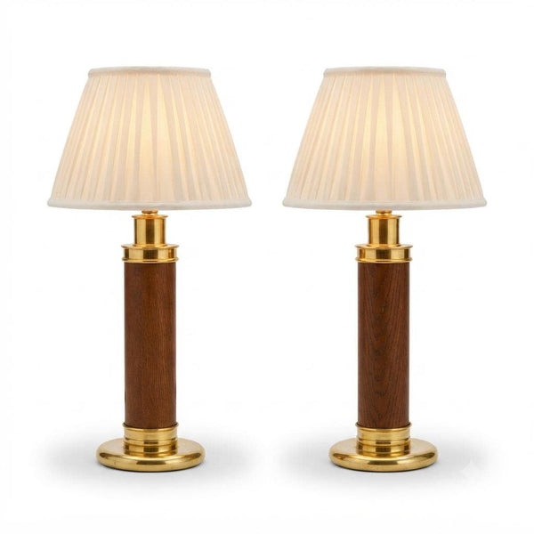 Vintage Pair of 1960s Wood & Brass Table Lamp Bases | Mid-Century Turned Column Lamps | Wired and Ready | Set of 2