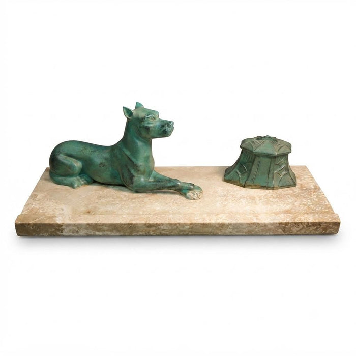 Art Deco Inkwell, Régule Dogue Sculpture with Green Patina on Marble Base, French Desk Accessory, Circa 1920s–30s