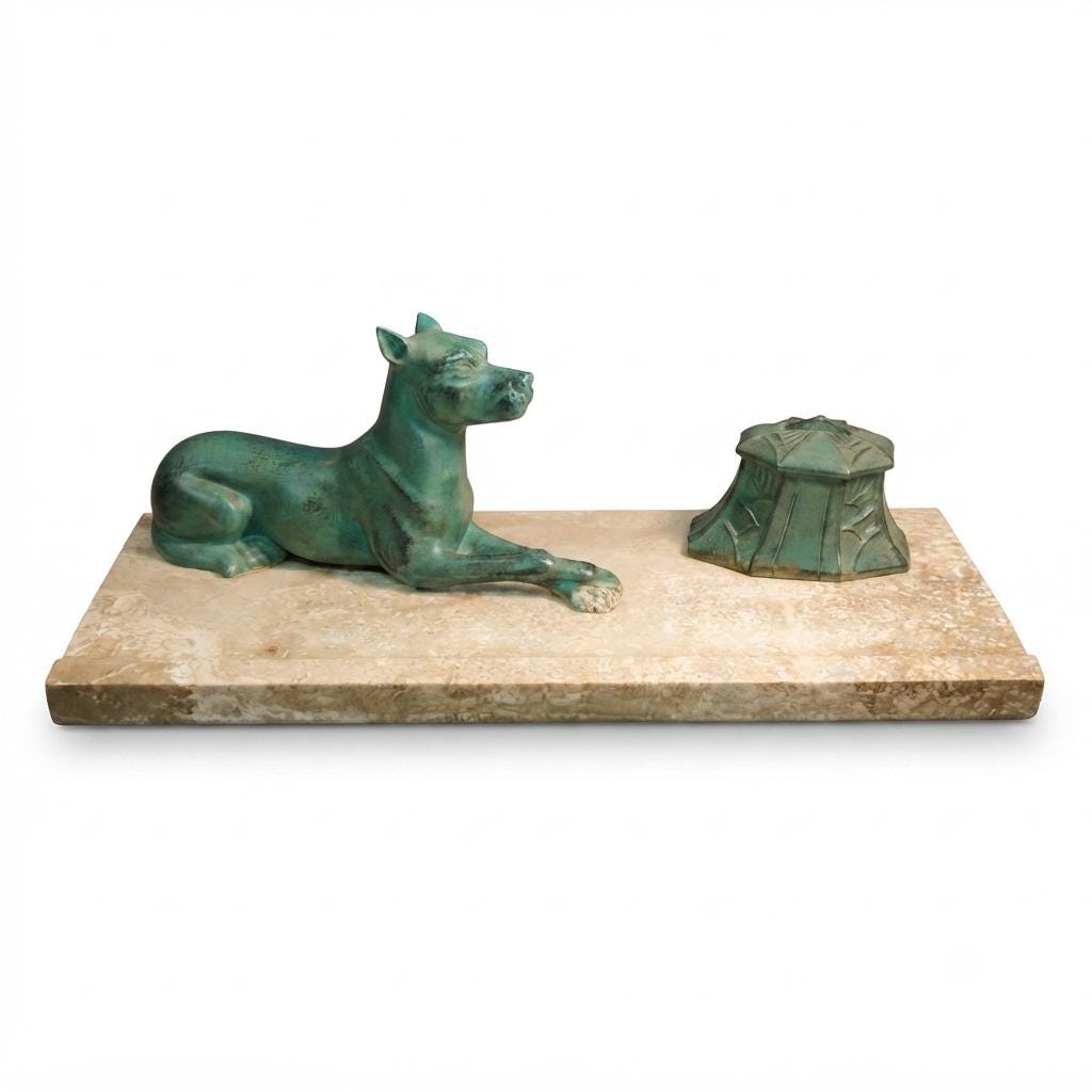 Art Deco Inkwell, Régule Dogue Sculpture with Green Patina on Marble Base, French Desk Accessory, Circa 1920s–30s