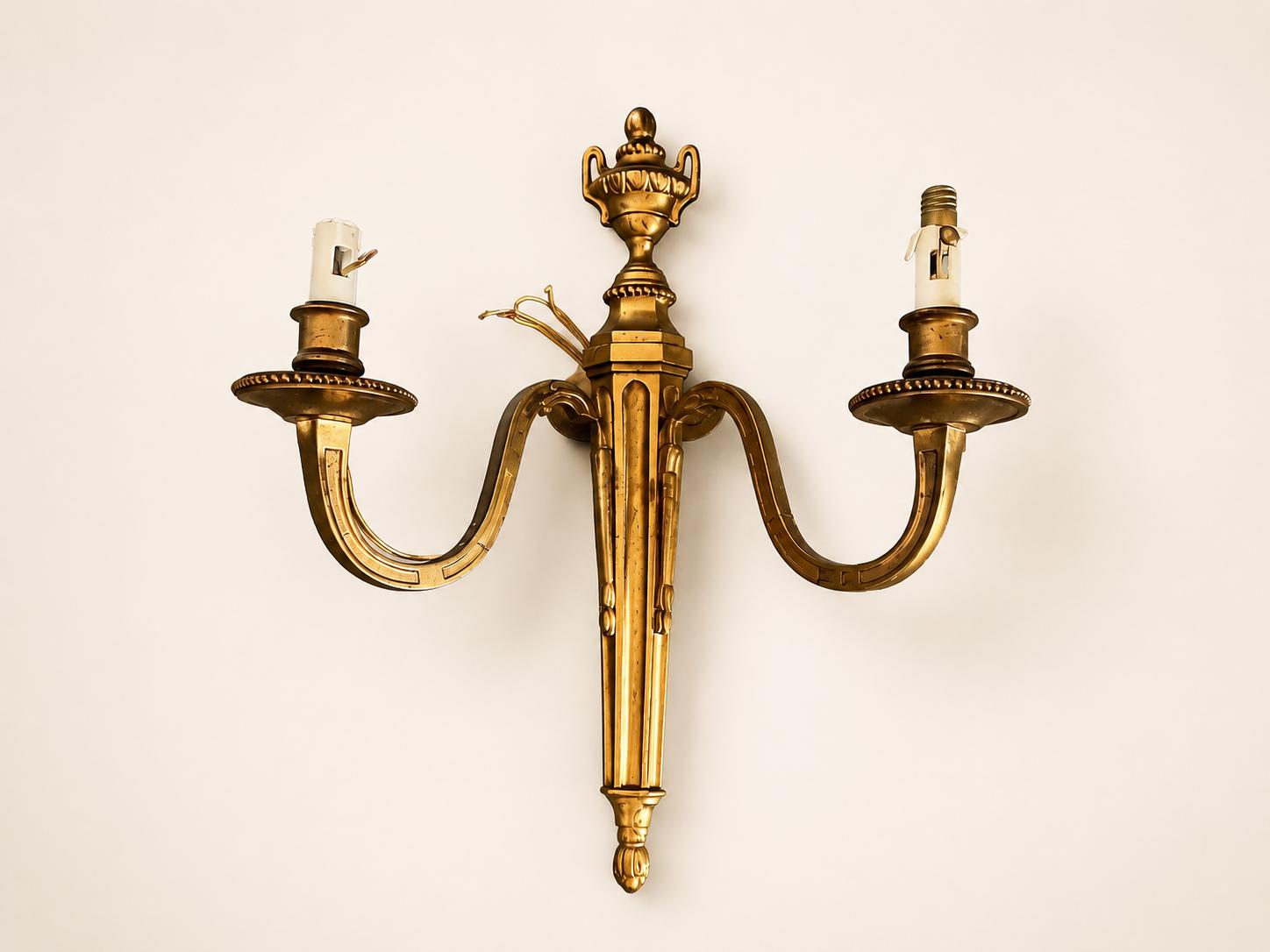 Vintage Brass Double-Arm Wall Sconces, Urn Finial Backplate, Pair, 1950s