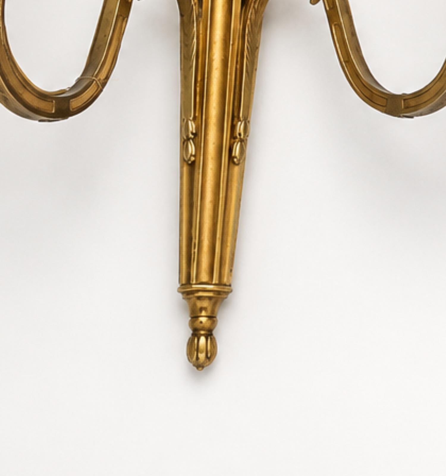 Vintage Brass Double-Arm Wall Sconces, Urn Finial Backplate, Pair, 1950s