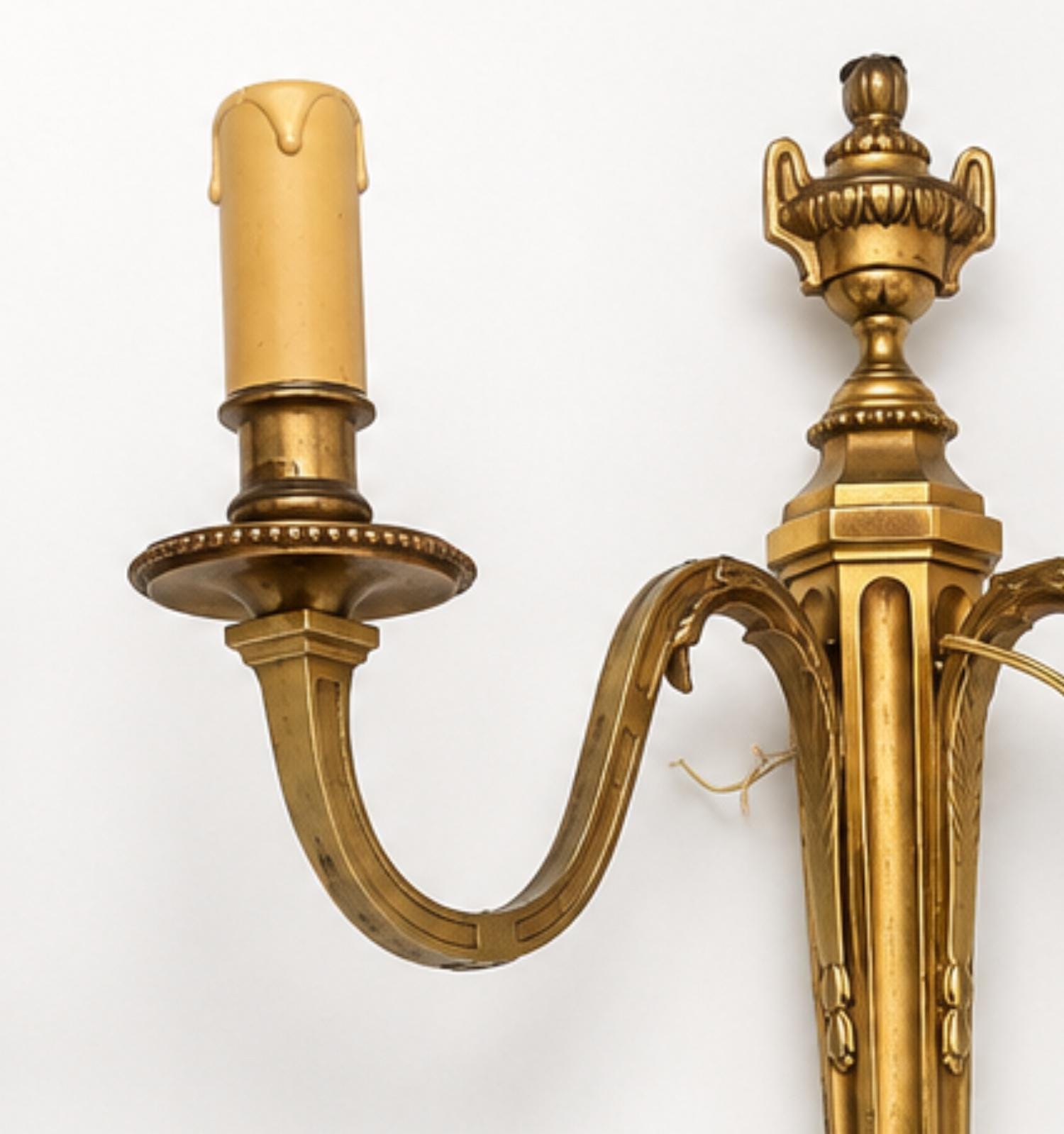 Vintage Brass Double-Arm Wall Sconces, Urn Finial Backplate, Pair, 1950s