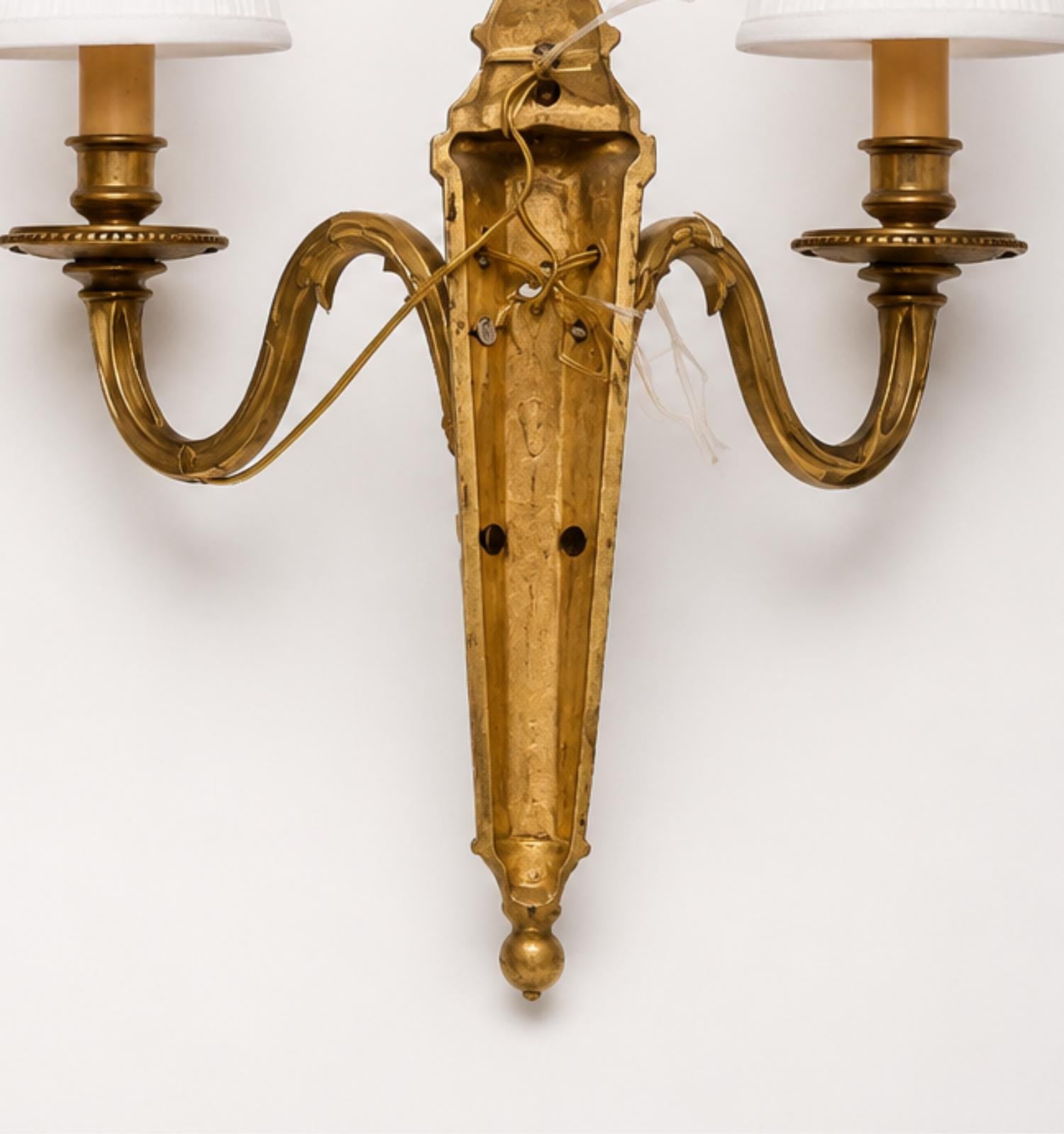 Vintage Brass Double-Arm Wall Sconces, Urn Finial Backplate, Pair, 1950s