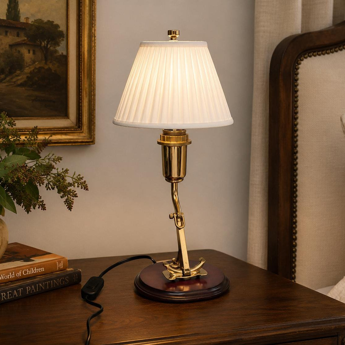 Vintage Brass and Wood Table Lamp Base with Anchor Motif, 1950s