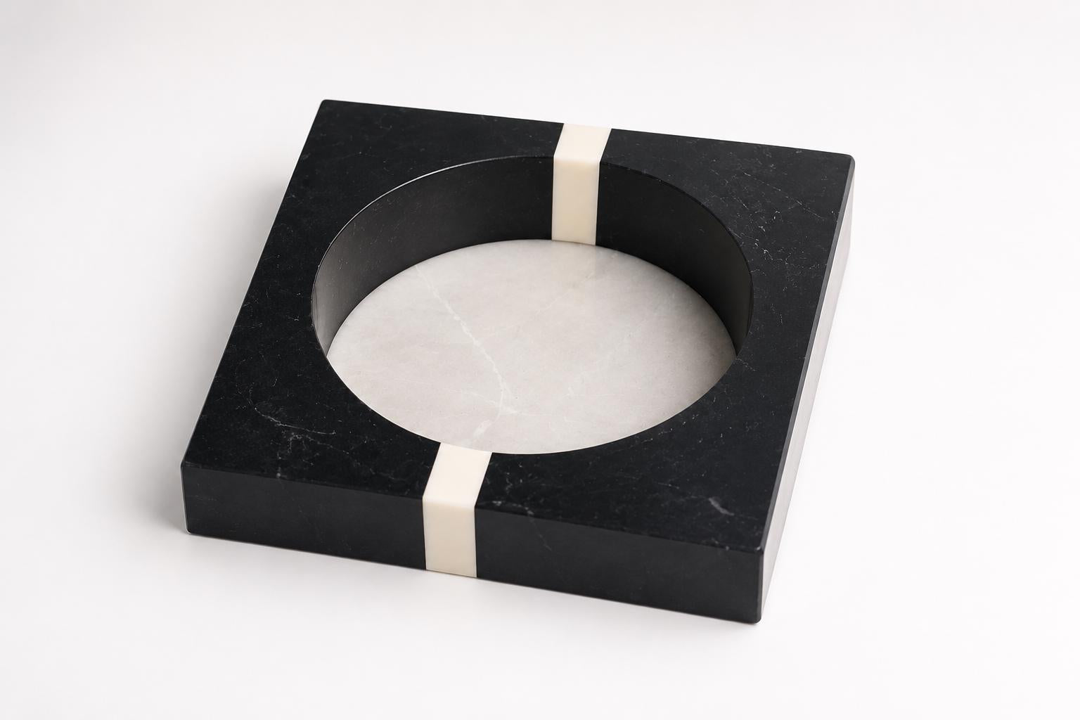 Vintage Black Stone and Brass Catchall Tray, Ashtray or Bookend, Cream Inlay Accent