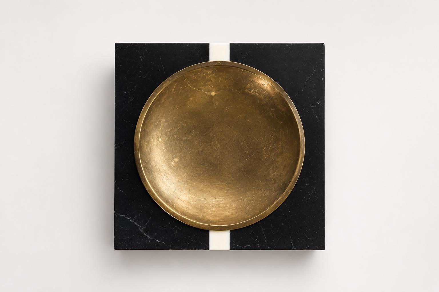 Vintage Black Stone and Brass Catchall Tray, Ashtray or Bookend, Cream Inlay Accent