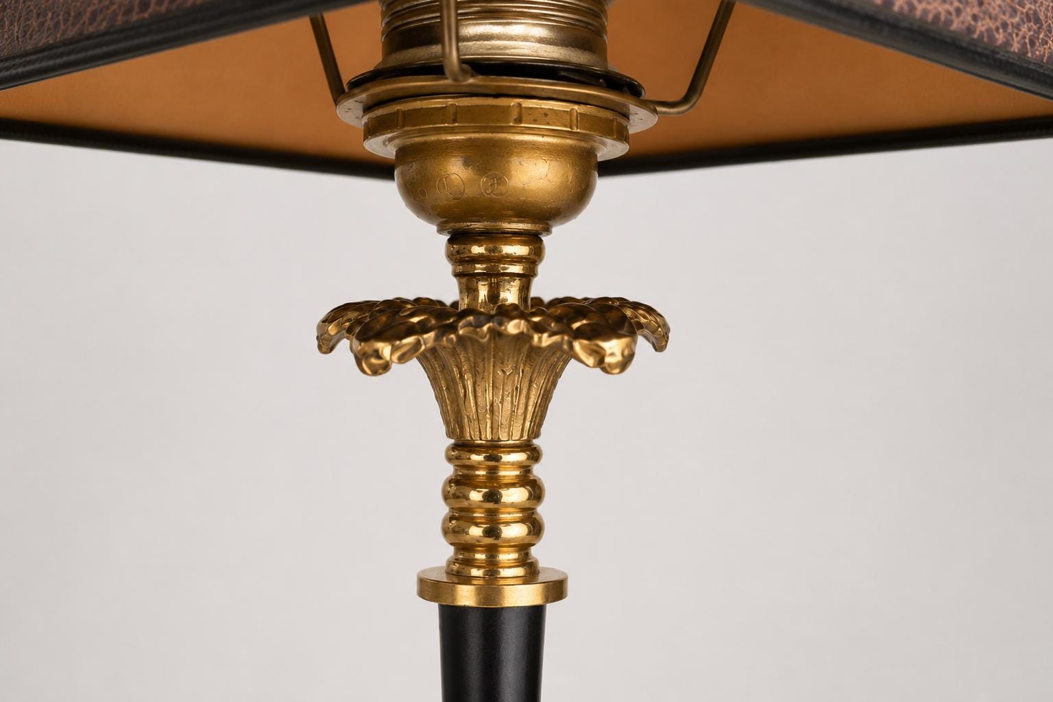 Vintage Brass Table Lamp, Snakeskin-Pattern Fabric Shade, Claw Foot Base, 1950s