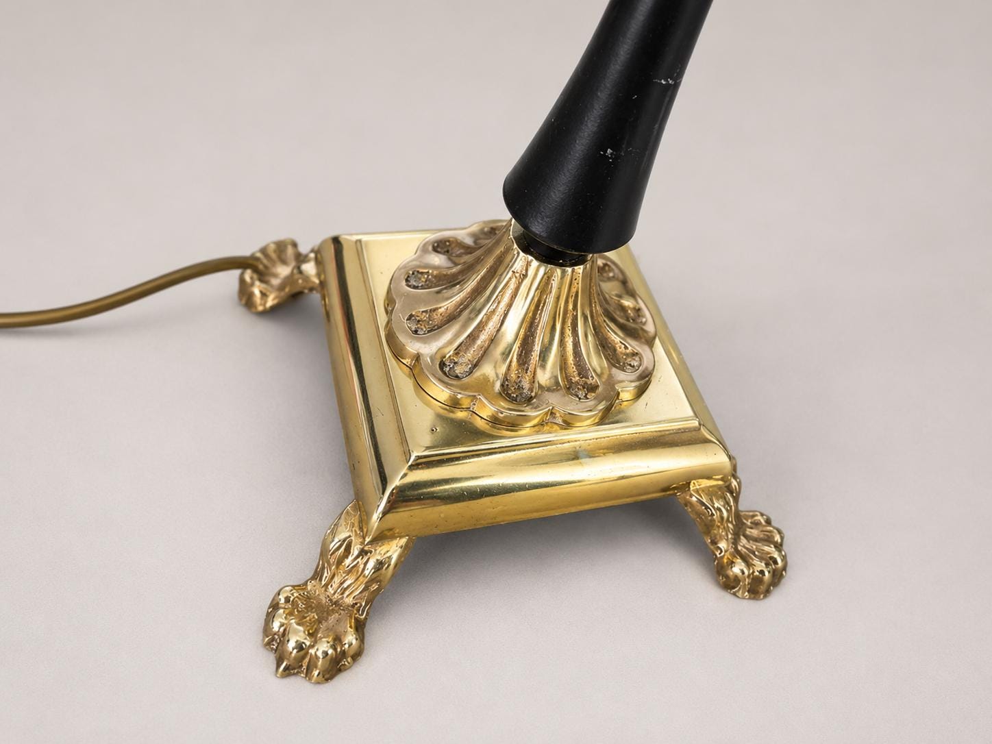 Vintage Brass Table Lamp, Snakeskin-Pattern Fabric Shade, Claw Foot Base, 1950s