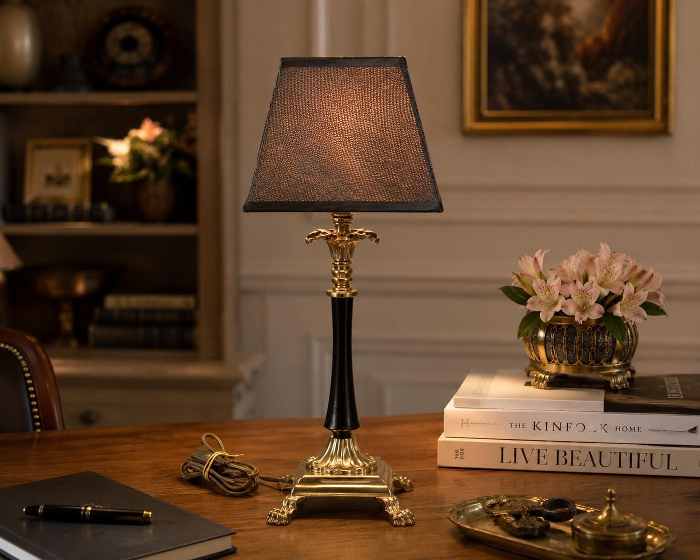 Vintage Brass Table Lamp, Snakeskin-Pattern Fabric Shade, Claw Foot Base, 1950s