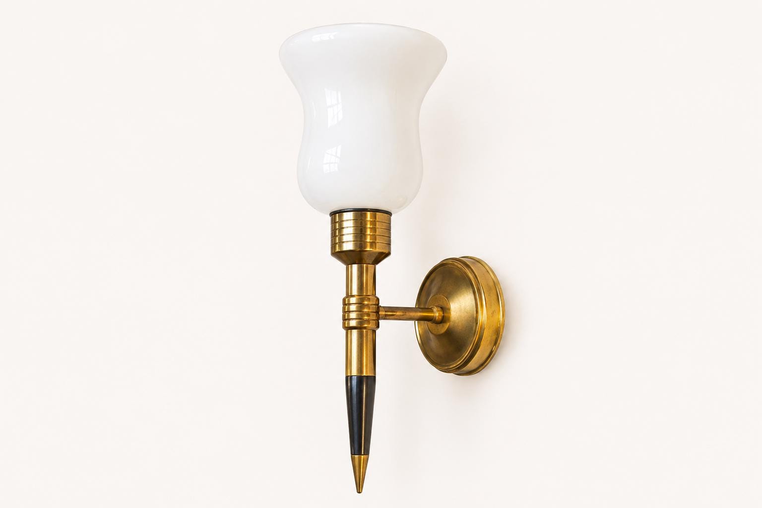 Pair of Brass and Opaline Glass Wall Sconces, 1950s