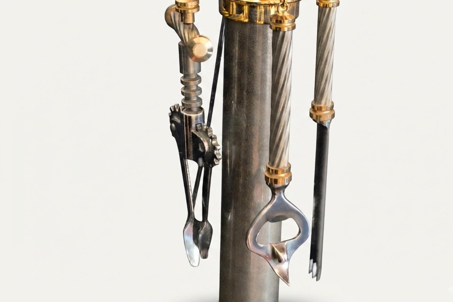 Vintage Italian Bar Tool Set, Hollywood Regency Corinthian Column Stand, 1970s Barware, Gold and Silver-Toned Metal, Made in Italy