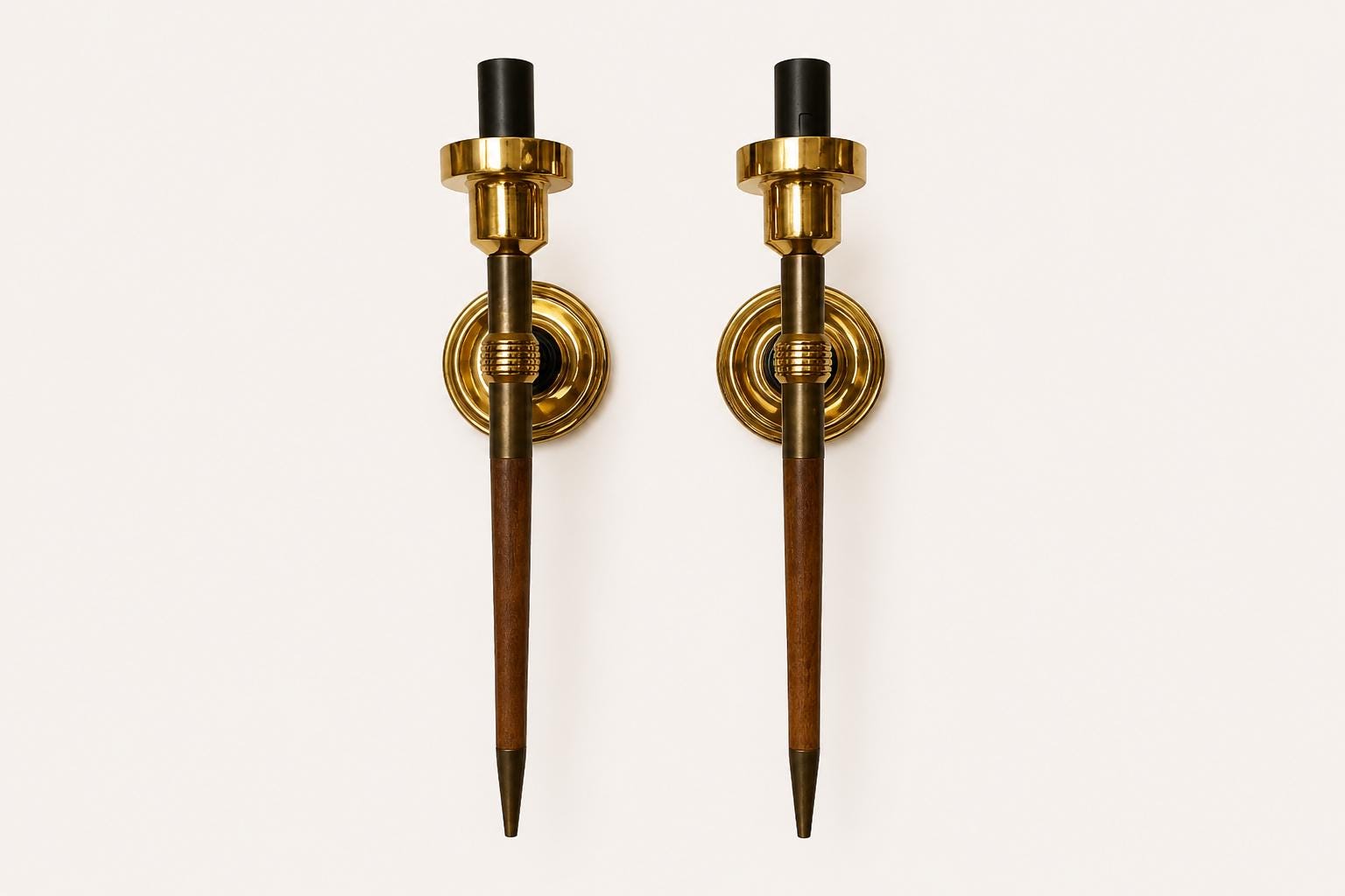 Pair of Wall Sconces, Attributed to Metalarte, Spanish Brass and Wood Design, 1950s