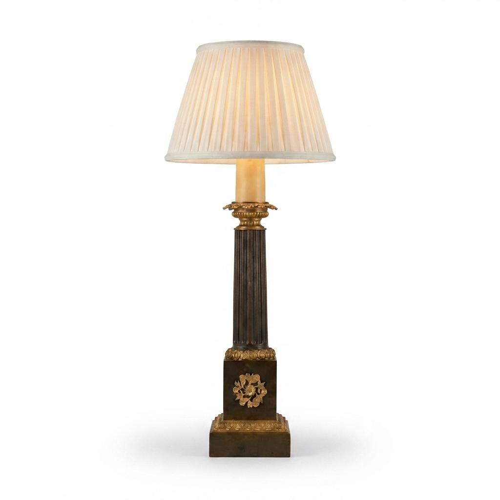 Antique Bronze Column Table Lamp, Gilt Floral Accents, Neoclassical Style, 19th Century