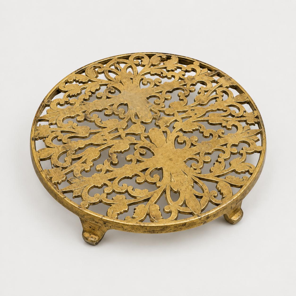 Vintage Pierced Brass-Toned Round Trivet, Footed Openwork Floral Design