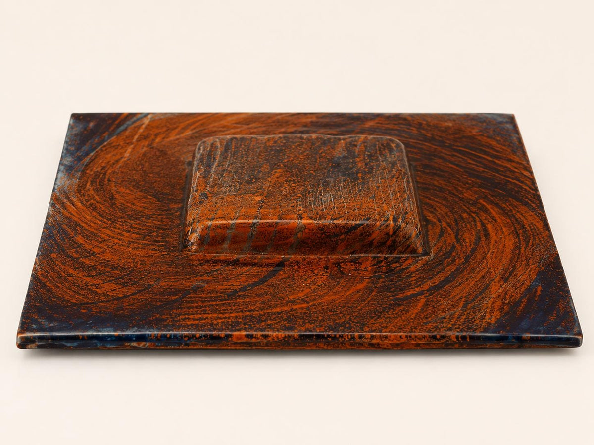 Abstract Art Glass Decorative Plate, Blue Copper Amber Swirl Design, Sculptural Centerpiece Tray