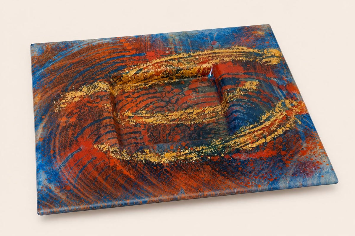Abstract Art Glass Decorative Plate, Blue Copper Amber Swirl Design, Sculptural Centerpiece Tray