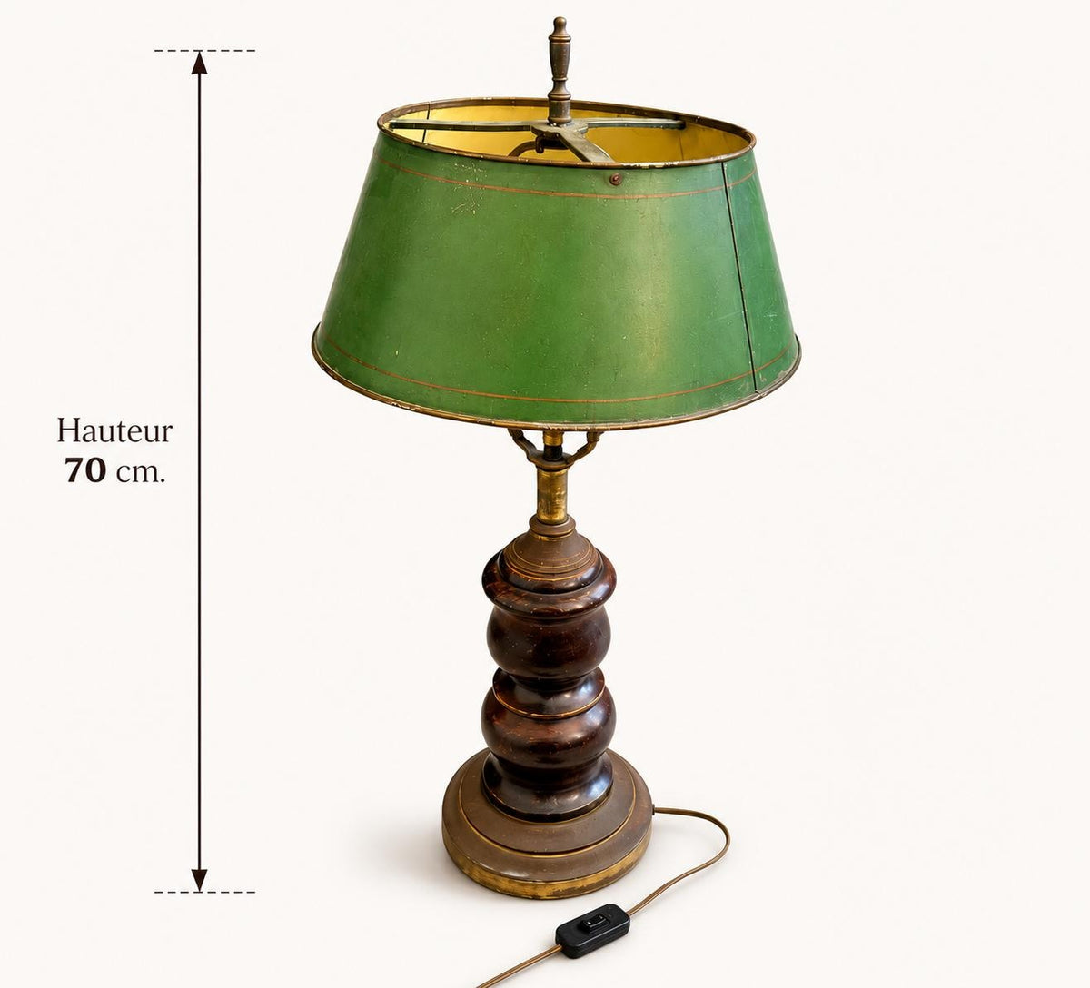 Vintage French Table Lamp, Turned Wood Base, Green Tole Shade, Empire Style, 1950s