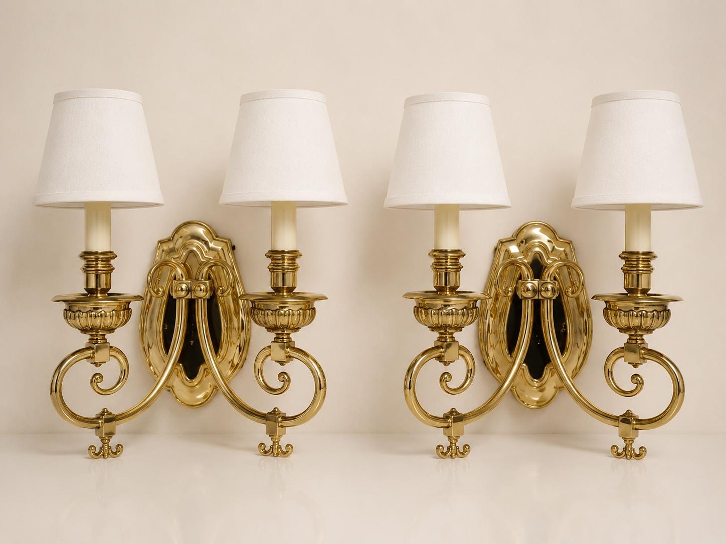 Vintage Pair of Brass Wall Sconces | 2-Light Louis XVI Style | Gold-Tone French Inspired Wall Lighting | Circa 1950s