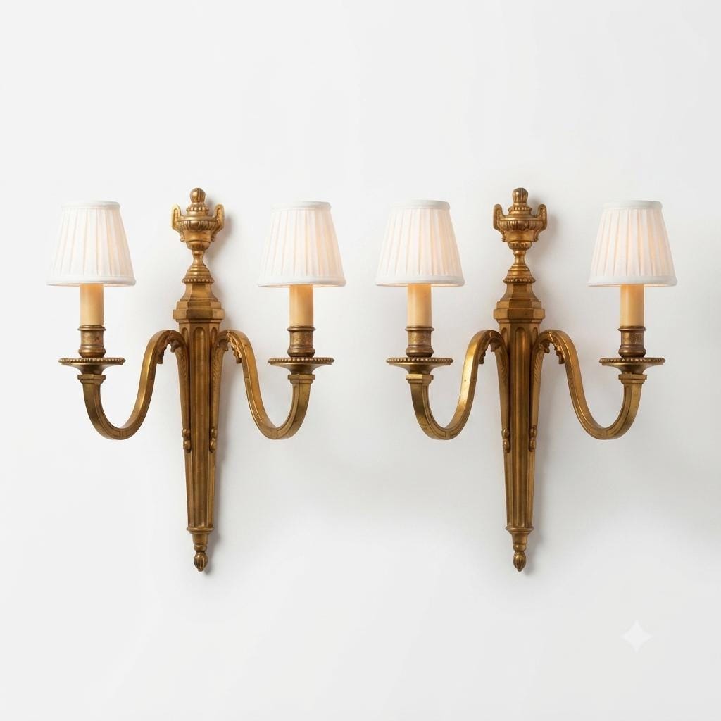 Vintage Brass Double-Arm Wall Sconces, Urn Finial Backplate, Pair, 1950s
