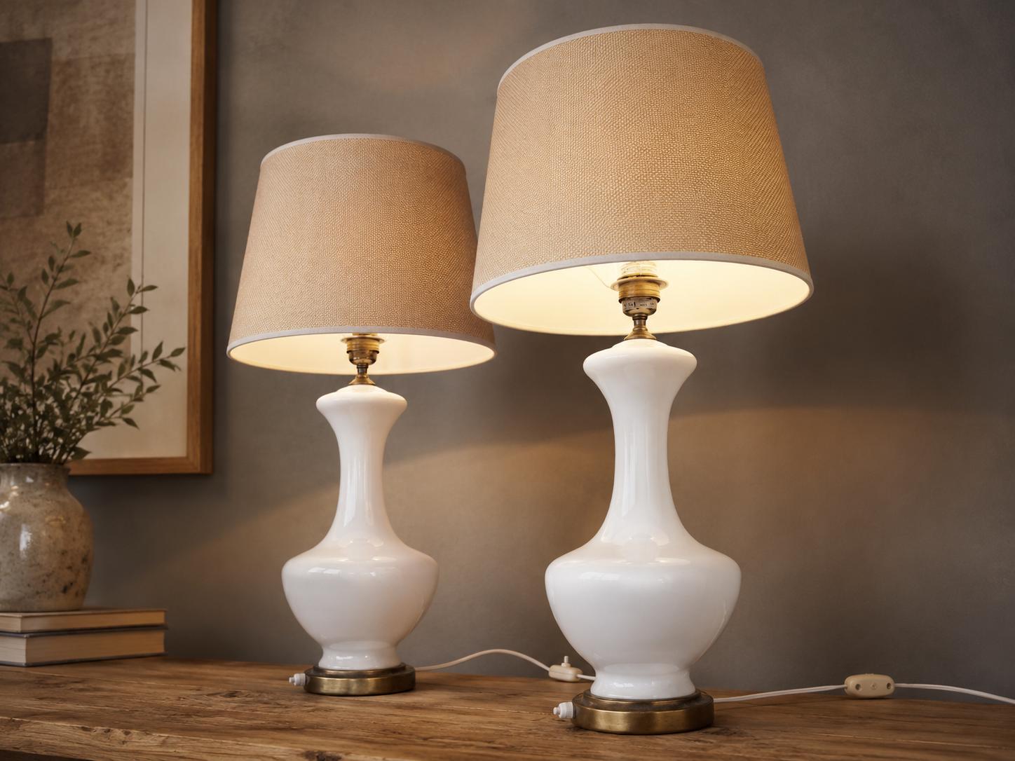 Pair of Opaline Glass Table Lamps, Baluster Form, Bronze-Toned Base, 1950s