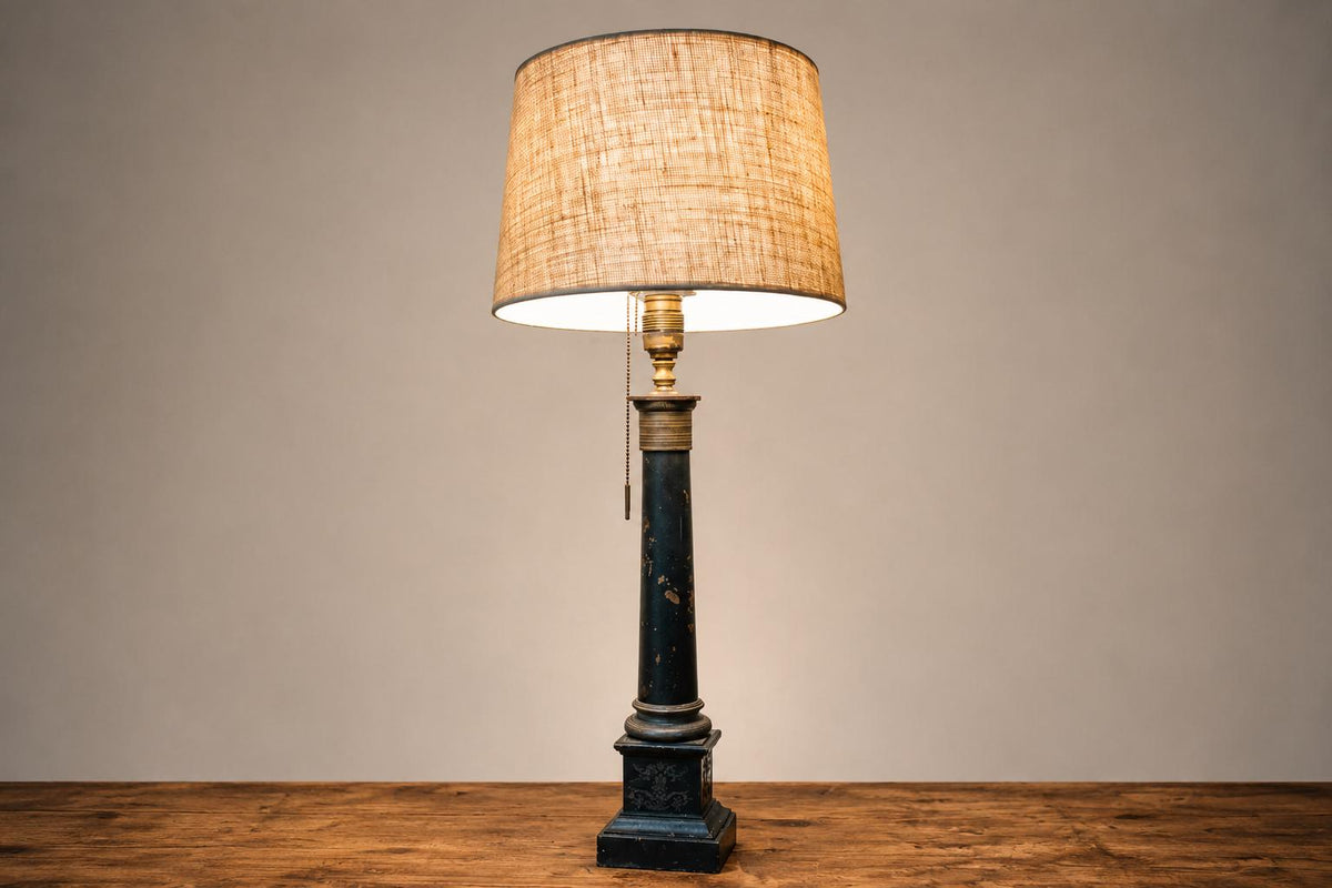 Vintage 1950s Green Painted Column Table Lamp – Gilt-Brass Mounts, Laurel Wreath Medallion, Neoclassical Empire Style