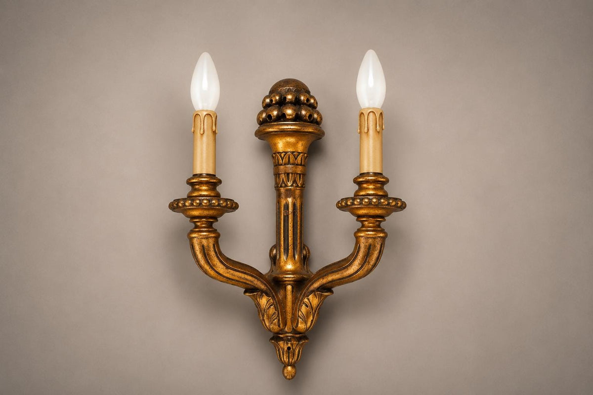 Vintage Giltwood Twin-Arm Wall Sconce Pair, Torch Form — French Louis XVI Style, 1950s