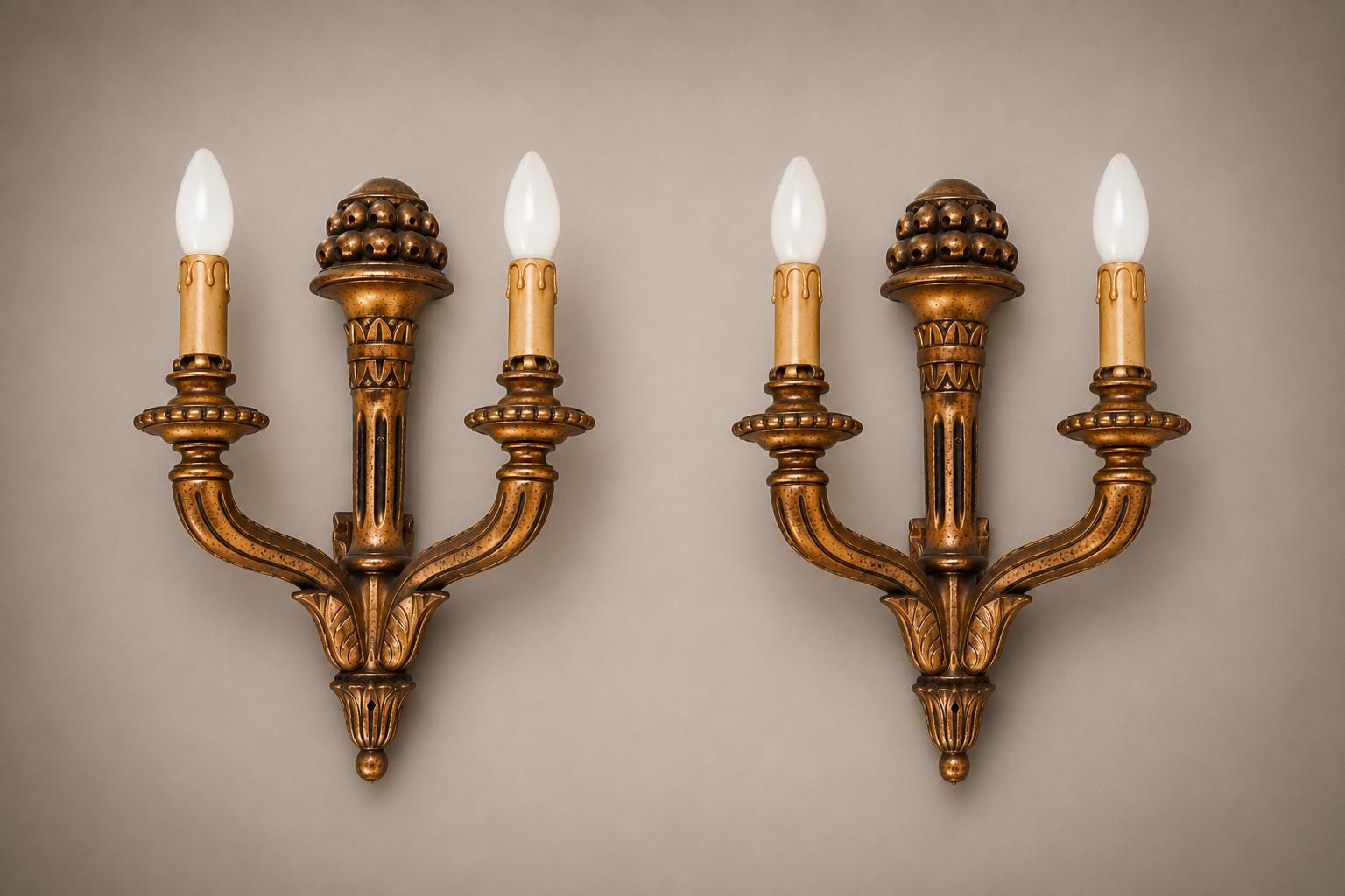 Vintage Giltwood Twin-Arm Wall Sconce Pair, Torch Form — French Louis XVI Style, 1950s