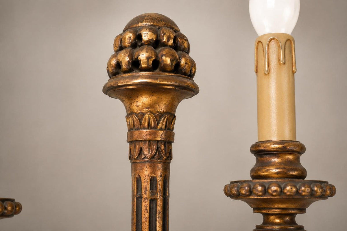 Vintage Giltwood Twin-Arm Wall Sconce Pair, Torch Form — French Louis XVI Style, 1950s